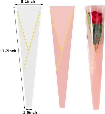 100pcs Single Rose Sleeve Flower Wrapping Paper Single Flower Packaging Bags Waterproof Single Flower Wrapping Bags Gold Edge Flower Bouquet Sleeve for Mother's Day Wedding Bouquet Valentine's Gifts in Saudi Arabia