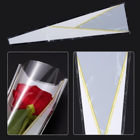 100pcs Single Rose Sleeve Flower Wrapping Paper Single Flower Packaging Bags Waterproof Single Flower Wrapping Bags Gold Edge Flower Bouquet Sleeve for Mother's Day Wedding Bouquet Valentine's Gifts in Saudi Arabia