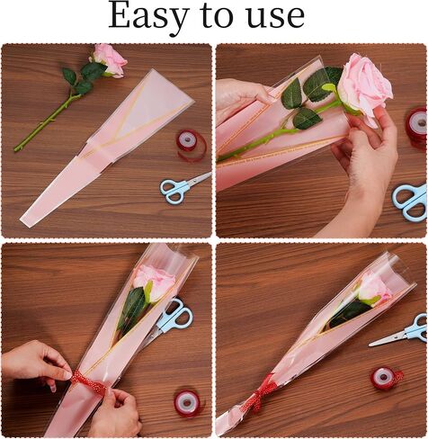 100pcs Single Rose Sleeve Flower Wrapping Paper Single Flower Packaging Bags Waterproof Single Flower Wrapping Bags Gold Edge Flower Bouquet Sleeve for Mother's Day Wedding Bouquet Valentine's Gifts in Saudi Arabia