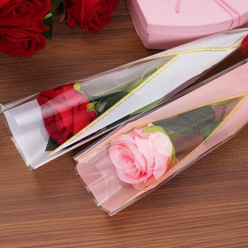 100pcs Single Rose Sleeve Flower Wrapping Paper Single Flower Packaging Bags Waterproof Single Flower Wrapping Bags Gold Edge Flower Bouquet Sleeve for Mother's Day Wedding Bouquet Valentine's Gifts in Saudi Arabia