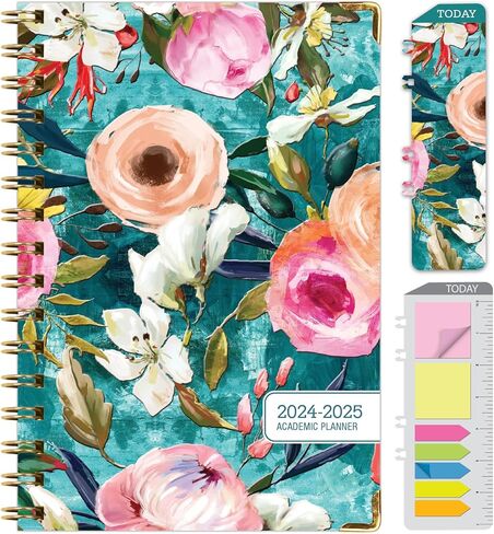 مخطط السنة الأكاديمية 2024-2025: (يونيو 2024 حتى يوليو 2025) 5.5 بوصة × 8 بوصة مخطط يومي وأسبوعي وشهري وجدول أعمال سنوي. مجموعة إشارة مرجعية ومجلد جيب ومذكرة لاصقة (زهور باللون الأخضر المخضر) in Kuwait