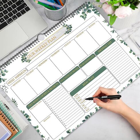 Fulmoon 2 Pcs 52 Sheets Weekly Planner 13 x 17'' Family Planner Spiral Weekly Calendar Habit Tracker Calendar Family Meal for Wall Planning Organizing Goals Tasks Chores(Eucalyptus) in Saudi Arabia