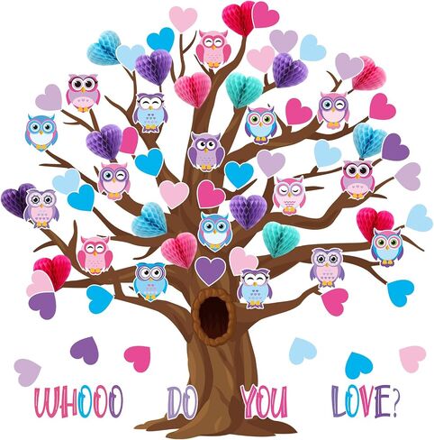 Buryeah 77 Pcs Valentine's Day Tree Bulletin Board Set 47 x 46'' Tree Background 3D Heart Honeycomb Owl Love Bulletin Board Cutouts for Valentine's Day Spring Home Classroom(Gift Boxes) in Saudi Arabia