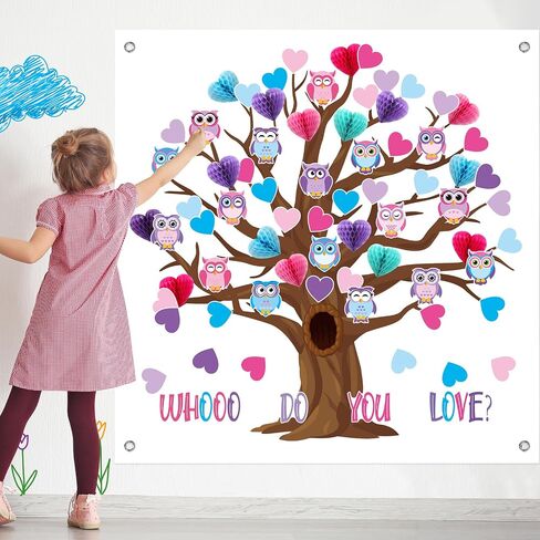 Buryeah 77 Pcs Valentine's Day Tree Bulletin Board Set 47 x 46'' Tree Background 3D Heart Honeycomb Owl Love Bulletin Board Cutouts for Valentine's Day Spring Home Classroom(Gift Boxes) in Saudi Arabia