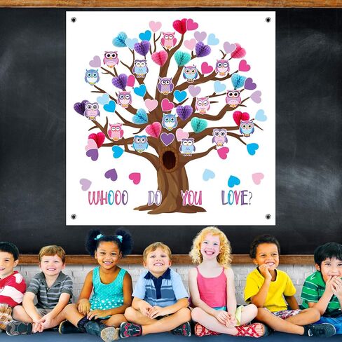 Buryeah 77 Pcs Valentine's Day Tree Bulletin Board Set 47 x 46'' Tree Background 3D Heart Honeycomb Owl Love Bulletin Board Cutouts for Valentine's Day Spring Home Classroom(Gift Boxes) in Saudi Arabia