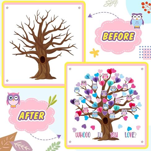 Buryeah 77 Pcs Valentine's Day Tree Bulletin Board Set 47 x 46'' Tree Background 3D Heart Honeycomb Owl Love Bulletin Board Cutouts for Valentine's Day Spring Home Classroom(Gift Boxes) in Saudi Arabia