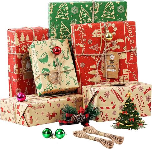 Christmas Wrapping Paper, 12 Sheets Navy Blue and Brown Xmas Gift Wrapping Paper, Recyclable Kraft Christmas Wrap Paper Set with 10 Tags & 65.6ft Jute String in Saudi Arabia