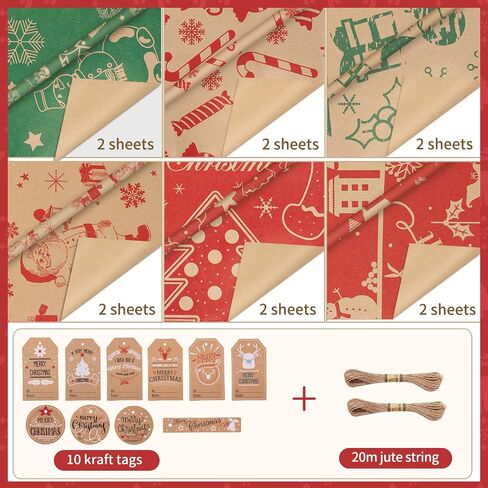 Christmas Wrapping Paper, 12 Sheets Navy Blue and Brown Xmas Gift Wrapping Paper, Recyclable Kraft Christmas Wrap Paper Set with 10 Tags & 65.6ft Jute String in Saudi Arabia