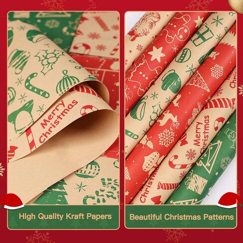 Christmas Wrapping Paper, 12 Sheets Navy Blue and Brown Xmas Gift Wrapping Paper, Recyclable Kraft Christmas Wrap Paper Set with 10 Tags & 65.6ft Jute String in Saudi Arabia