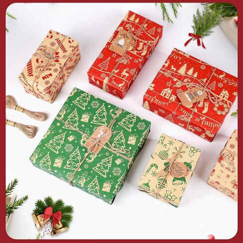 Christmas Wrapping Paper, 12 Sheets Navy Blue and Brown Xmas Gift Wrapping Paper, Recyclable Kraft Christmas Wrap Paper Set with 10 Tags & 65.6ft Jute String in Saudi Arabia