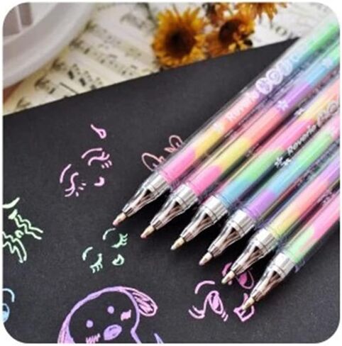 Rainbow Color Pen - 12 Pack of 6-in-1 Multi Color Ink Gel Pens 0.8mm Roller Ball Office School Supplies Ballpoint Pen Fluorescent Refills Painting Graffiti Marker for Drawing Coloring Marking DIY in Saudi Arabia