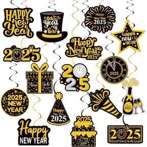 Happy New Years Hanging Swirl Decorations 2025 Happy New Year Decorations 2025 New Years Eve Party Supplies Black and Gold New Years Foil Ceiling Decorations for 2025 New Years Party Supplies