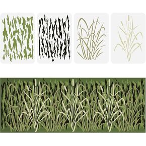 FINGERINSPIRE 4 Pcs Bark Camouflage Stencil 11.7x8.3 inch Camouflage Grass Bark Reed Pattern Stencils Plastic Wall Camo Stencil Kit Reusable DIY Art and Craft Stencils for Scrapbooking Wall Decor