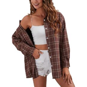 Korebow Oversized Flannels Plaid Shirts for Women Buffalo Plaid Long Sleeve Button Down Shirts Blouse Tops