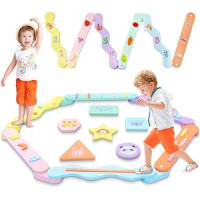 Wooden Balance Beam for Kids, Montessori Toddler Stepping Stones with Non-Slip Pad Animal Number Fruit Pattern, Double Sided Design Balance Boards Sensory Educational Toys