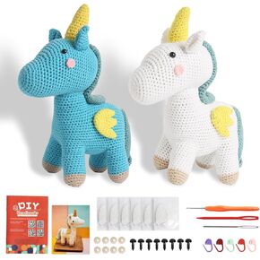 مجموعة Geirleif Crochet للمبتدئين، مجموعة أدوات الكروشيه للمبتدئين مع دروس فيديو خطوة بخطوة، لوازم الحياكة DIY للأطفال والكبار، قطعتان من مجموعة حيوانات الكروشيه يونيكورن (45%+ غزل)