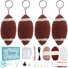 FREEBLOSS 4 Set Crochet Kit for Beginners Rugby Keychain Crochet Kit, Learn to Crochet, Include Knitting Yarn, Video Tutorials, Crochet Keychain Kit Crochet DIY Knitting Supplies for Adults