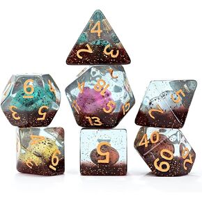 Gate Keeper Games and Dice: Inclusion Dice: Dinosaur Eggs - 7pc RPG Set, Multi-Colored Dino Eggs & Brown Glitter in Clear Resin, Role Playing Games