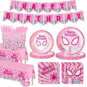 171pcs Super Girl Hero Birthday Party Supplies Spider Pink Ghost Gwen Birthday Plates Napkins Cups Paper Disposable Banner Tablecloth Birthday Tableware Decorations Severs 24 Guests