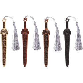 4pcs Sword Bookmarks, Vintage Wooden Bookmarks with Tassel Exquisite Reading Page Markers Creative Gift for Men Book Lovers Teachers Students (4 Colors)