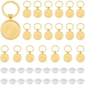 DICOSMETIC 20Pcs Keychain Cabochon Settings Blanks Bezel Trays Charm 25mm Round Trays for Keychain Blanks Trays for Photo Resin Alloy Keyring with 20Pcs Glass Cabochon for DIY Jewelry Making