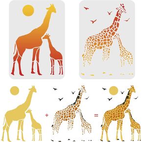 FINGERINSPIRE 2 قطعة قالب استنسل الزرافات ذات الطبقات 11.7 × 8.3 بوصة A4 بلاستيك اثنين من الزرافة رسم استنسل استنسل نمط زرافة طائر الشمس للرسم على الخشب والأرضيات والجدار والبلاط