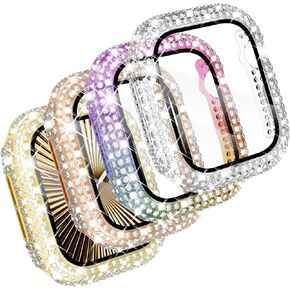 CHANCHY 4-Pack Compatible with Apple Watch Case 44mm Protective Bumper with Screen Protector, 200 Crystal Diamond Bling Cases Cover for Apple Watch SE Series 6 5 4, Rose Gold/Pink/Rainbow/Clear, 44mm