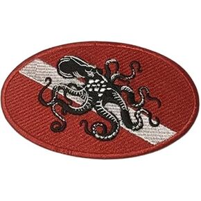 Octopus Scuba Diver Down Embroidered Patch, Tactical Applique (Hook and Loop, 5"x3")