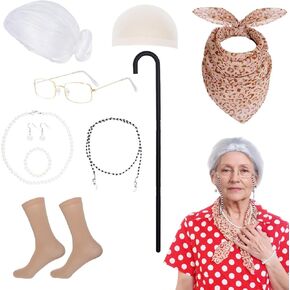yeabwps 10Pcs Old Lady Costume Halloween Cosplay Costume 100 Days of School Old Lady Dress Up for Girls Old lady Wig Glasses Necklace Bracelet Earrings Kerchief Stockings Cane for Halloween Cosplay