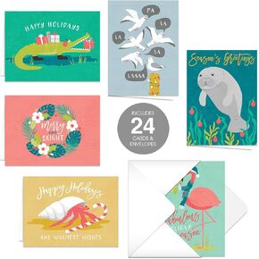 Canopy Street Coastal Holiday Wishes Christmas Cards / 24 Holiday Cards With Envelopes / 6 Festive Tropical Animal Designs /4 5/8" x 6 1/4" Warm Wishes Winter Cards