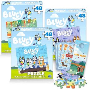 (3 Pack) Premier Puzzle Set for Kids-Bluey Party Supply Bundle with 3 Bluey Puzzles Stickers & Door Handle. Party Favors, Games, Activities for Kids