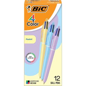 BIC 4 Color Pastel Barrel Ballpoint Pens, Medium Point (1.0 mm), Assorted Colors, Pack of 12