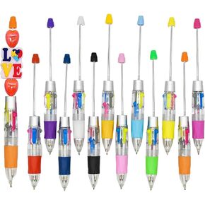 12 Pcs DIY Multicolor Beadable Pens Plastic Colored Bead Kit Pens Beaded 4 in1 Ballpoint Pens for School Office Home（Multicolor）
