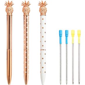 3 Pcs Rose Gold Pineapple Ballpoint Pens with 4 Pcs Pen Refills, Metal Retractable Ballpoint Pens, Fancy Pretty Rose Gold Pens, Cute Office Supplies, Gift Pens, 1.0 mm Ballpoint Pens