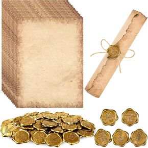 100 Pieces Vintage Watercolor Paper Set Include 50 Writing Stationery Paper Letter 50 Adhesive Wax Seal Stickers 3 Hemp Ropes Aged Scrapbook Paper Kit Seal and Send Stationery (11 x 8 Inch)