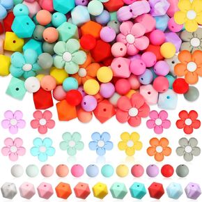 186 Pcs Silicone Beads Bulk Set 12mm Round Rubber Beads, 14mm Hexagon Silicone Beads, 23/20mm Daisy Flower Beads for Keychain Bracelet Necklace Jewelry DIY Accessories (Colorful,Flower)