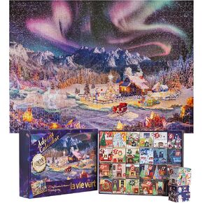 Lavievert Advent Calendar 2024 Christmas Jigsaw Puzzle, 1008 Pieces 24 Days of Countdown to Christmas Puzzle, Home Decor Family Game Holiday Presents for Adults & Kids - Aurora on Snowy Night