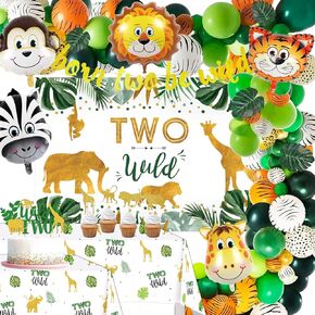 Two Wild Birthday Decorations - Safari Jungle Theme 2nd Birthday Party Supplies Includes Banner, Backdrop, Balloons Arch, Tablecloth, Topper, Two Wild Jungle Safari Theme Party Decorations
