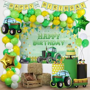 Tractor Birthday Party Decorations, Farm Green Tractor Theme Birthday Decorations Backdrop Balloon Garland Arch Banner Cake Cupcake Topper Tractor Green Yellow 112 PCs