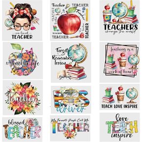 4/9/12 Pcs,Colorful Teacher Life Theme Iron-On Transfers, HTV Heat Transfer Vinyl Decals, Mixed Colors, Letters Designs Patches for T-Shirts, DIY Crafts and Clothing Decoration (TC-11)