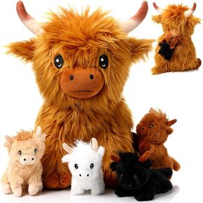 HyDren 5 Pcs Highland Cows Stuffed Animal 13.78 Inch Mommy Highland Cow Plush with 4 Little Babies Soft Plush Toy Cow Set for Boys and Girls Birthday Party Favors