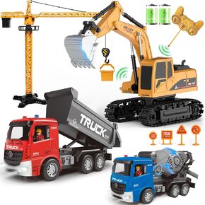 Remote-Control-Excavator and Dump-Truck - Kids-Play- Construction-Engineering-Vehicles Toy Set with Crane Mixer,Realistic Lights and Sounds,Christmas Birthday Gifts for Boys Girls Ages 3-12+