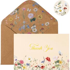 Crisky Vintage Floral Thank You Cards with Envelopes & Stickers 50 Pack Wildflower Thank You Cards Bulk for Birthday, Baby Shower,Bridal Shower, Wedding, Graduation, Business