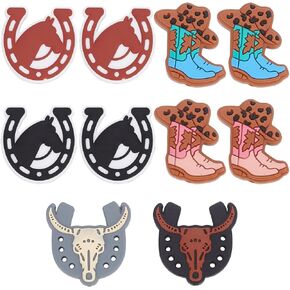 SUNNYCLUE 1 Box 12Pcs 6 Styles Cowboy Bead Silicone Focal Beads Bulk Western Cow Cowgirl Boots Horseshoes Cartoon Flat Loose Spacer Pen Beads for Jewelry Making Necklace Bracelets Garland Keychain DIY