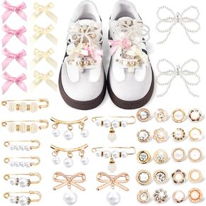 42Pcs Charms for Socks Safety Pin Assorted Pearl Bow Shoe Charms for Sneakers Bulk Brooch and Pins for Women Gold Junk Socks Charms Kit Jewelry Accessories Button Pins for Sock Shoe Clothes Hat Scarf