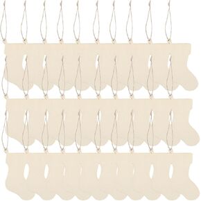 Ciieeo 50Pcs Christmas Unfinished Stocking Cutouts Blank Wooden Slices to Paint Socks Pendant with Ropes for Crafts Halloween Party Stockings Hanging Embellishments