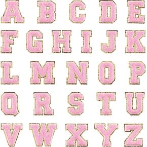 26 Pieces Chenille Letter Patches Iron On,Pink and Gold Letter Patches Alphabet Embroidered Patch A-Z for Repairing or Decorating Clothing Bags Shoes Hats Shirts Jeans