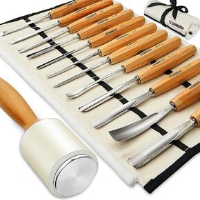 Wood Carving Tools, 12-Piece Wood Whittling Kit with Mallet and Canvas Case - Woodworking Chisel Set for Beginners and Professionals, Razor Sharp CR-V 60 Steel Blades for Precision Woodworking
