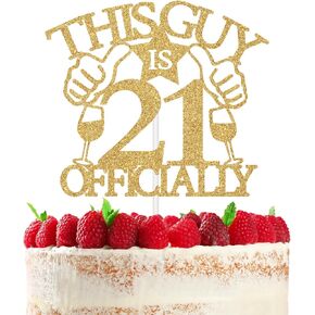 This Guy is Officially 21 Cake Topper, Men 21st Birthday Decorations, Cheers to 21 Years/Level 21 Unlocked Cake Decor, Funny 21st Birthday Party Decoration Supplies, Black Glitter