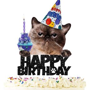 Cat Happy Birthday Cake Topper - Pet themed Party Black Glitter Decoration Supplies in Saudi Arabia